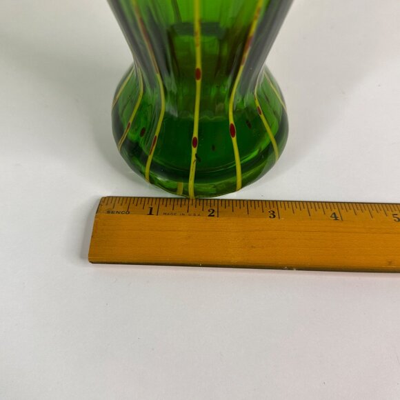 Eastern Hand-Blown Green Glass Vase With Yellow & Red Swirl Design 10.5" - Picture 12 of 12